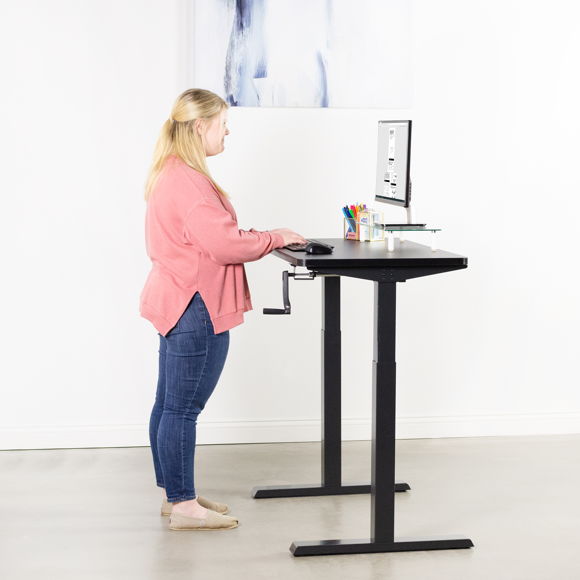 VIVO Manual 43” x 24” Stand Up Desk Light Wood Table Top Height Adjustable Standing Workstation with Foldable Handle Black Frame DESK-KIT-MB4C